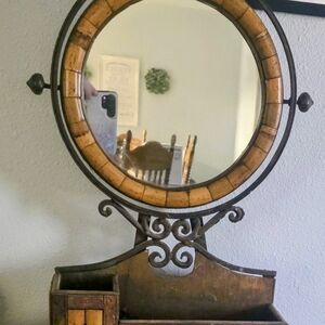 Antique Cast Iron & handcut Bamboo 21.5" Vanity Mirror w Open Cosmetic Holders